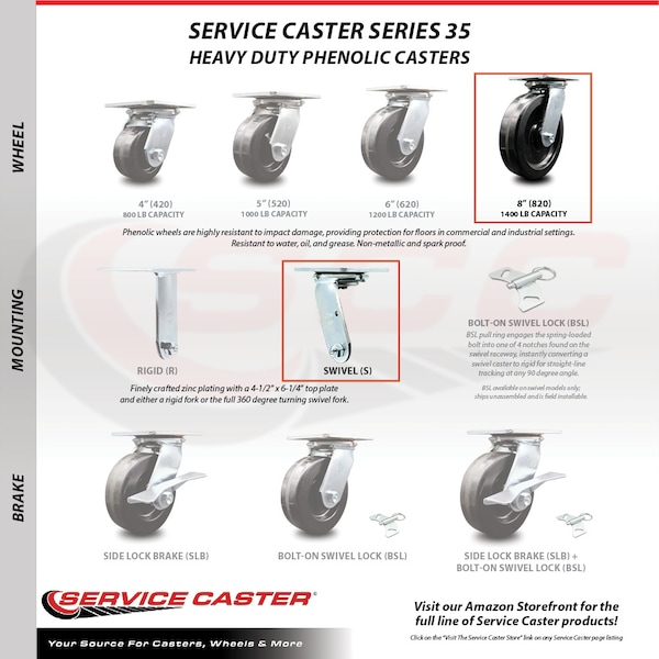 8 Inch Phenolic Caster Set with Roller Bearings 2 Swivel 2 Rigid